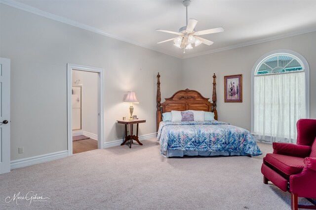 3669 Fountainbleau Rd, Keithville, LA 71047 - carpeted bedroom featuring crown molding, ceiling fan, and ensuite bath