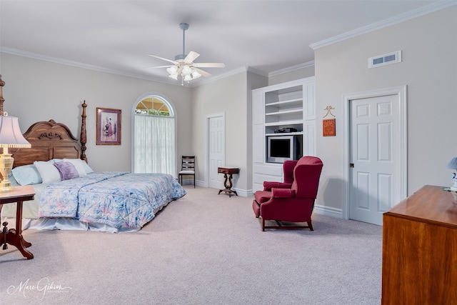 3669 Fountainbleau Rd, Keithville, LA 71047 - bedroom with crown molding, light carpet, and ceiling fan