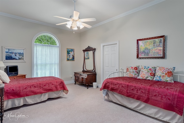 3669 Fountainbleau Rd, Keithville, LA 71047 - bedroom featuring carpet floors, ornamental molding, and ceiling fan