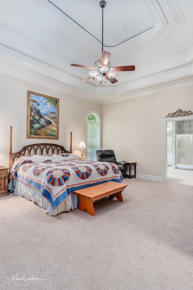 3669 Fountainbleau Rd, Keithville, LA 71047 - bedroom featuring a raised ceiling, ornamental molding, carpet, and ceiling fan