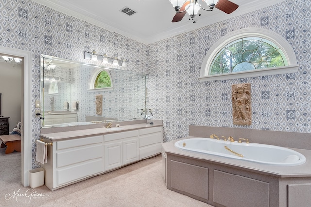 3669 Fountainbleau Rd, Keithville, LA 71047 - full bath featuring vanity, a bath, a ceiling fan, and ornamental molding