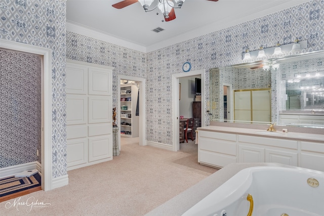 3669 Fountainbleau Rd, Keithville, LA 71047 - full bathroom featuring ceiling fan, wallpapered walls, ornamental molding, vanity, and a whirlpool tub
