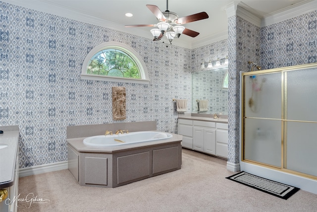 3669 Fountainbleau Rd, Keithville, LA 71047 - bathroom featuring vanity, ornamental molding, a garden tub, a ceiling fan, and a stall shower