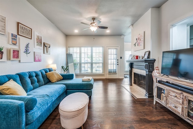 2407 Northlake Ct, Irving, TX 75038 - living area featuring ceiling fan, a tile fireplace, wood finished floors, and recessed lighting