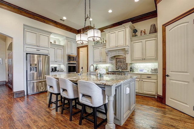 2000 Diamond Rim Pass Rd, Keller, TX 76248 - kitchen featuring stainless steel appliances, ornamental molding, light stone counters, decorative backsplash, and dark wood-style flooring