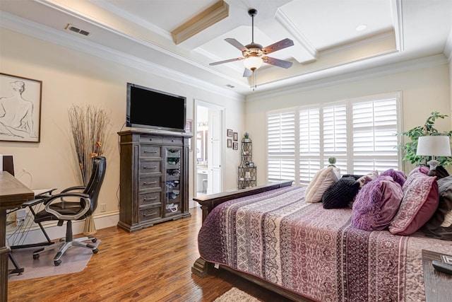 2000 Diamond Rim Pass Rd, Keller, TX 76248 - bedroom with wood finished floors, coffered ceiling, crown molding, a desk, and beamed ceiling