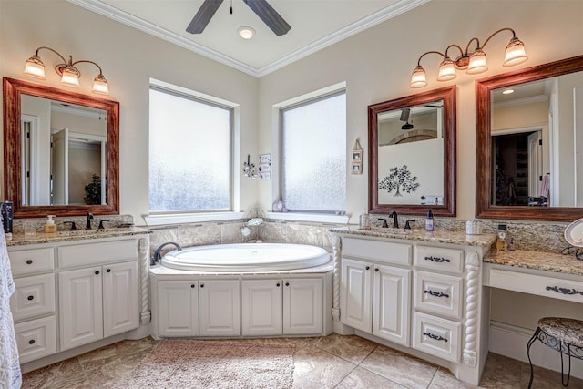 2000 Diamond Rim Pass Rd, Keller, TX 76248 - full bathroom featuring ornamental molding, two vanities, a bath, and ceiling fan