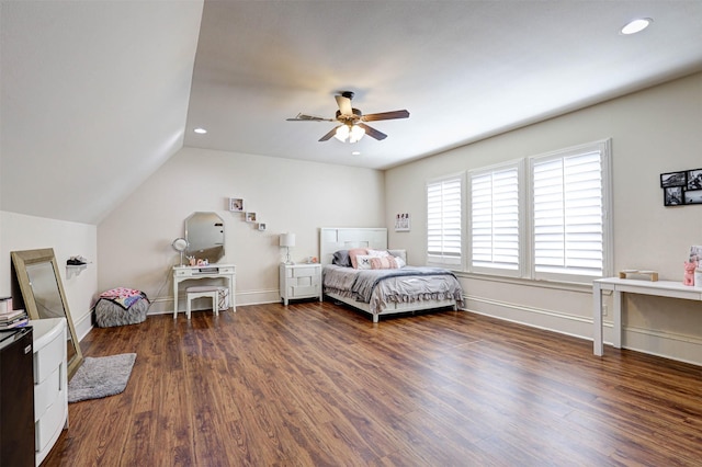 2000 Diamond Rim Pass Rd, Keller, TX 76248 - bedroom with dark wood-style floors, vaulted ceiling, ceiling fan, and recessed lighting