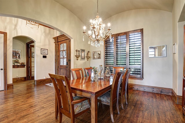 2000 Diamond Rim Pass Rd, Keller, TX 76248 - dining room featuring dark wood-style floors, arched walkways, a chandelier, plenty of natural light, and vaulted ceiling