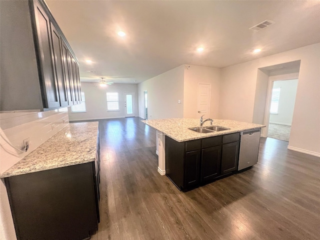 255 Carolina Trce, Fate, TX 75189 - kitchen featuring dishwasher, dark wood-style floors, open floor plan, an island with sink, and recessed lighting