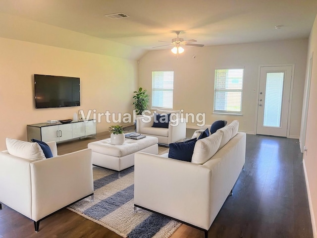 255 Carolina Trce, Fate, TX 75189 - living room with a ceiling fan, dark wood finished floors, and vaulted ceiling