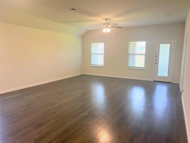 255 Carolina Trce, Fate, TX 75189 - empty room featuring ceiling fan, dark wood-type flooring, and lofted ceiling