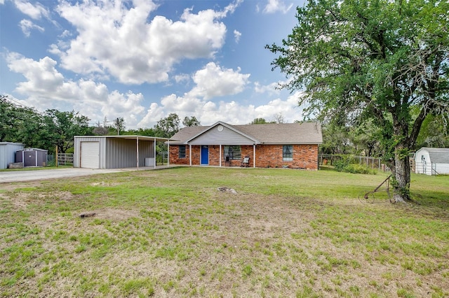 397 Flat Rock Rd, Azle, TX 76020 - ranch-style home with a storage shed, brick siding, a detached garage, and a porch
