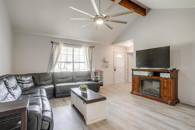 397 Flat Rock Rd, Azle, TX 76020 - living area with a ceiling fan, beamed ceiling, light wood-style flooring, and high vaulted ceiling