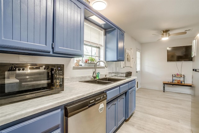 397 Flat Rock Rd, Azle, TX 76020 - kitchen with blue cabinets, dishwasher, and backsplash