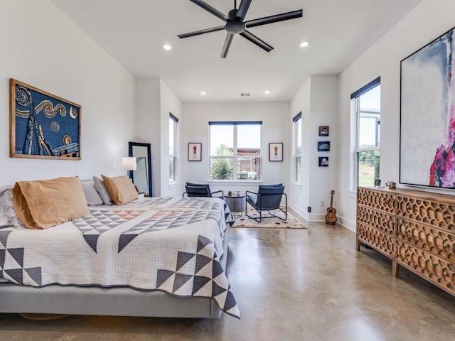 641 Cox Rd, Waxahachie, TX 75167 - bedroom featuring finished concrete floors, recessed lighting, multiple windows, and ceiling fan