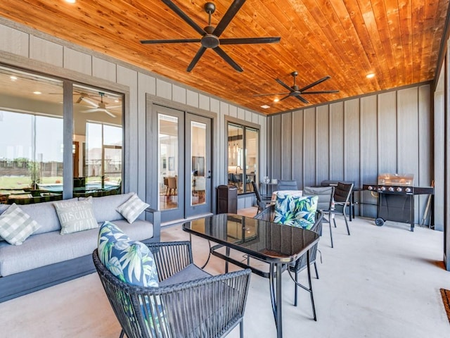 641 Cox Rd, Waxahachie, TX 75167 - view of patio featuring french doors, a ceiling fan, outdoor lounge area, outdoor dining area, and a grill