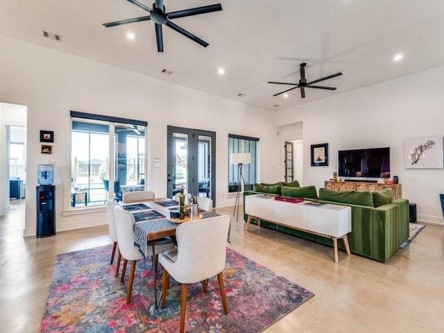 641 Cox Rd, Waxahachie, TX 75167 - dining area with a ceiling fan, recessed lighting, and concrete flooring