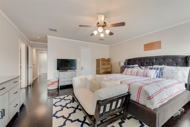 523 Blue Sage Dr, Fate, TX 75087 - bedroom featuring crown molding, dark wood finished floors, and a ceiling fan