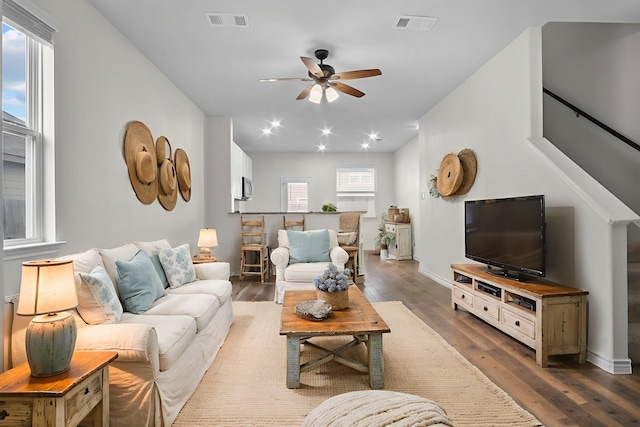 8313 White Pine Dr, Fort Worth, TX 76123 - living area featuring a ceiling fan and dark wood finished floors