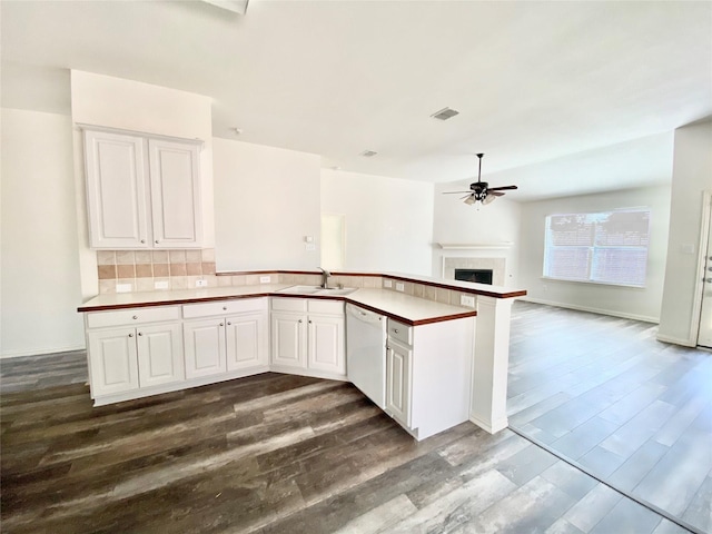 2717 Lumina Dr, Little Elm, TX 75068 - kitchen with white dishwasher, ceiling fan, dark wood-style flooring, a fireplace, and white cabinetry
