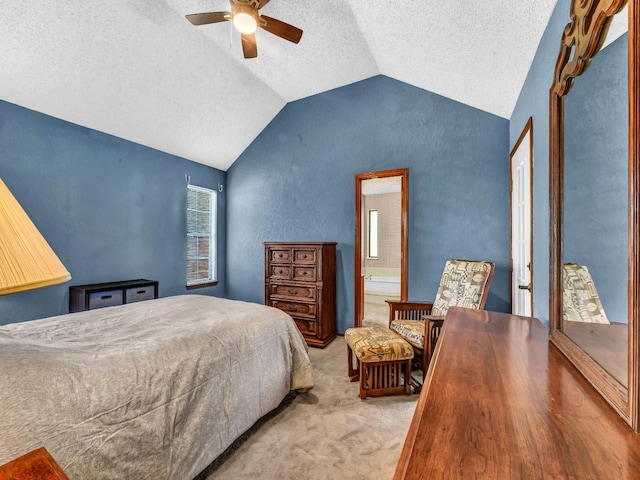 3502 Stage Coach Trl, Weatherford, TX 76087 - carpeted bedroom featuring vaulted ceiling, connected bathroom, ceiling fan, and a textured ceiling