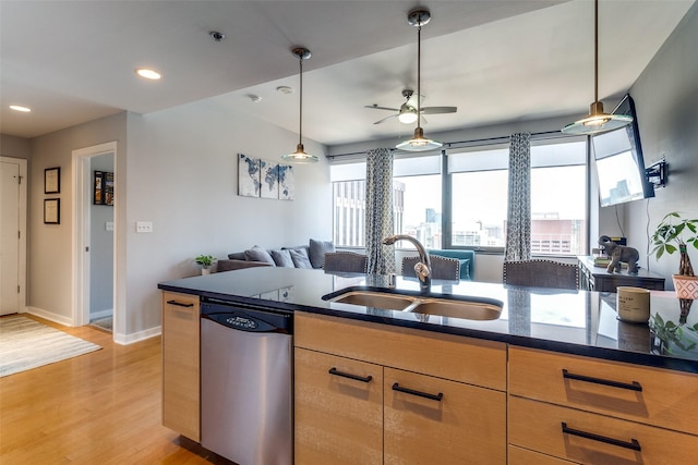 1200 Main St Unit 1402, Dallas, TX 75202 - kitchen with dishwasher, ceiling fan, open floor plan, light wood-type flooring, and decorative light fixtures