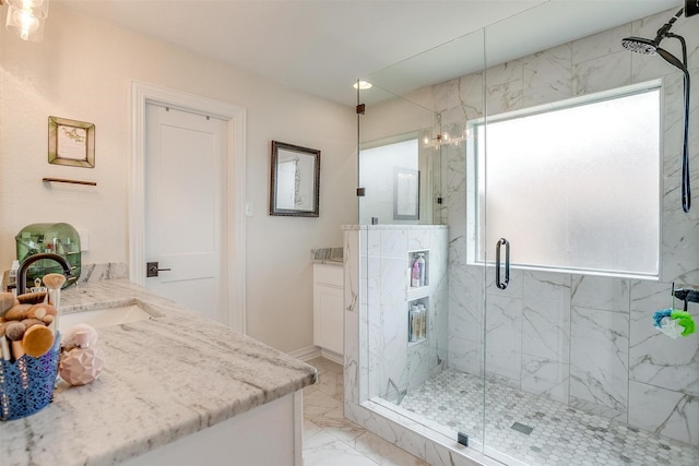 705 Tracy Dr, Azle, TX 76020 - bathroom featuring marble finish flooring, vanity, and a marble finish shower