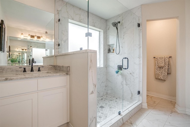 705 Tracy Dr, Azle, TX 76020 - full bath with marble finish floors, a marble finish shower, and vanity
