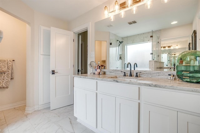 705 Tracy Dr, Azle, TX 76020 - full bath with a shower stall, marble look tiles, and vanity