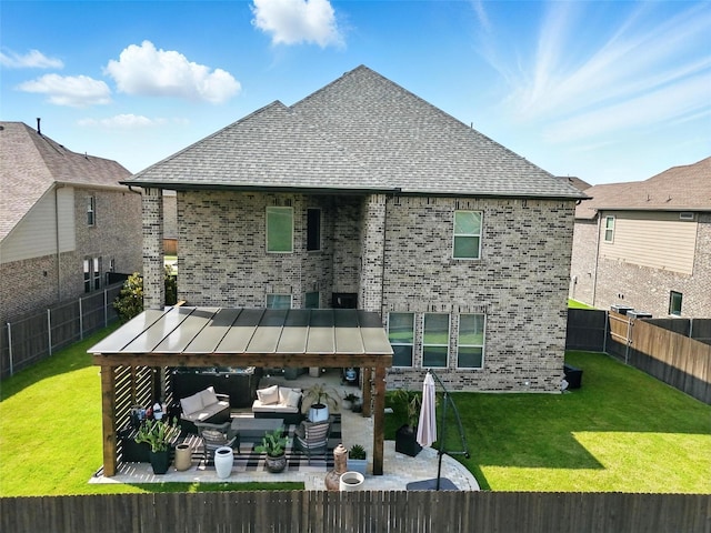 2711 Fleur De Lis Ln, Grand Prairie, TX 75054 - back of property with outdoor lounge area, a fenced backyard, brick siding, a patio area, and a shingled roof
