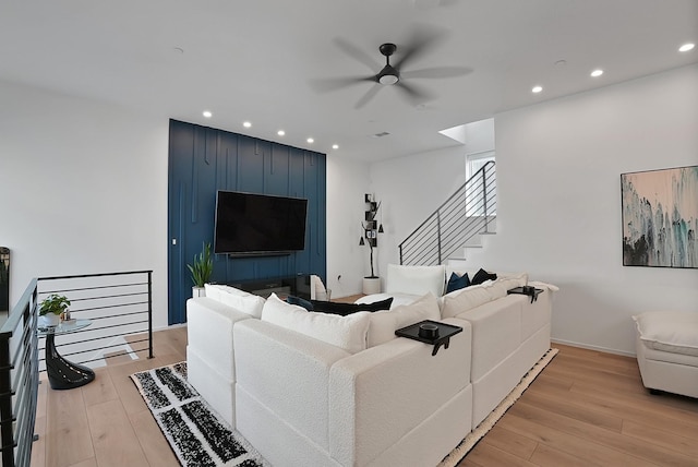 2001 N Prairie Ave Unit 106, Dallas, TX 75204 - living room with ceiling fan, light wood-type flooring, recessed lighting, and stairway