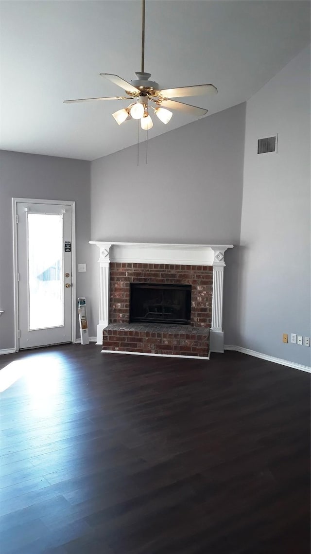 2017 Greenfield Ln, Allen, TX 75013 - unfurnished living room featuring wood finished floors, ceiling fan, and a fireplace