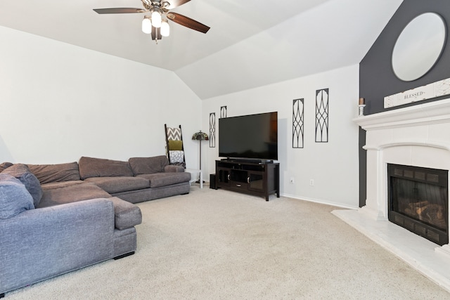 2020 El Camino Dr, Fort Worth, TX 76177 - living room featuring ceiling fan, carpet, a fireplace, and vaulted ceiling