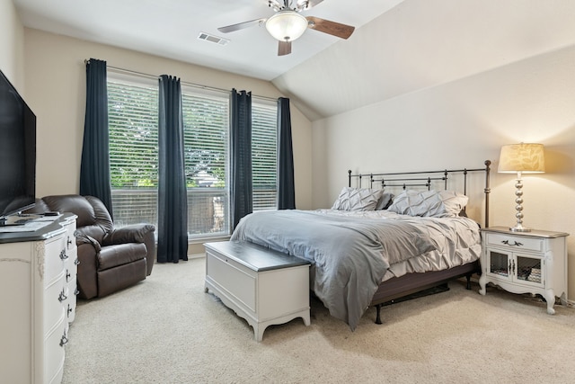 2020 El Camino Dr, Fort Worth, TX 76177 - bedroom featuring light carpet, vaulted ceiling, and ceiling fan