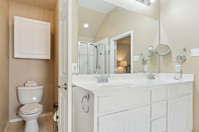 2020 El Camino Dr, Fort Worth, TX 76177 - bathroom featuring tile patterned floors, double vanity, a shower stall, and lofted ceiling