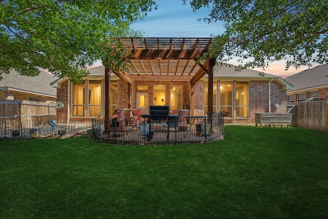 2020 El Camino Dr, Fort Worth, TX 76177 - back of property featuring a pergola, a fenced backyard, a patio, brick siding, and a shingled roof