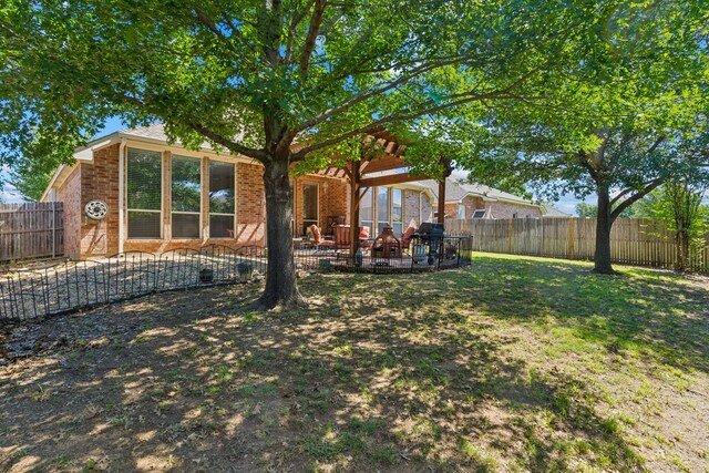 2020 El Camino Dr, Fort Worth, TX 76177 - back of property featuring brick siding, a fenced backyard, a patio, and a pergola