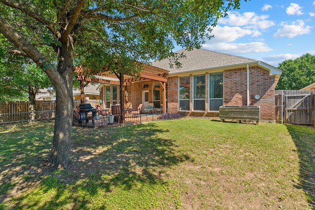 2020 El Camino Dr, Fort Worth, TX 76177 - rear view of house featuring brick siding, a fenced backyard, a pergola, a patio, and a shingled roof