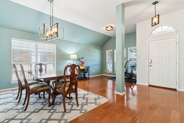 2020 El Camino Dr, Fort Worth, TX 76177 - dining room featuring wood finished floors, a chandelier, and lofted ceiling