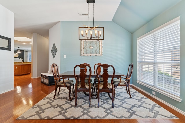 2020 El Camino Dr, Fort Worth, TX 76177 - dining room featuring wood finished floors, plenty of natural light, a chandelier, and lofted ceiling