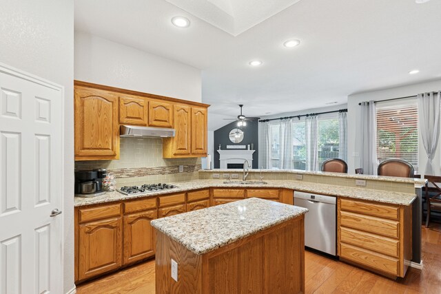2020 El Camino Dr, Fort Worth, TX 76177 - kitchen featuring appliances with stainless steel finishes, a peninsula, ceiling fan, tasteful backsplash, and light stone counters