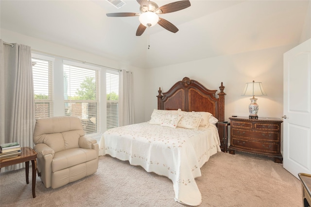 873 Mildren Ln, Fate, TX 75087 - bedroom featuring light colored carpet, lofted ceiling, and ceiling fan