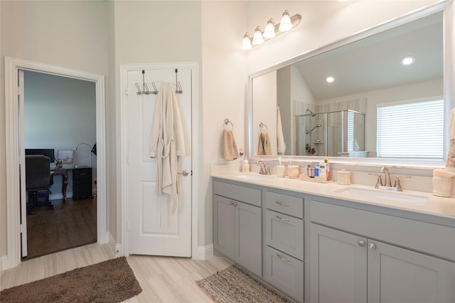 873 Mildren Ln, Fate, TX 75087 - full bath with a stall shower, double vanity, recessed lighting, and vaulted ceiling