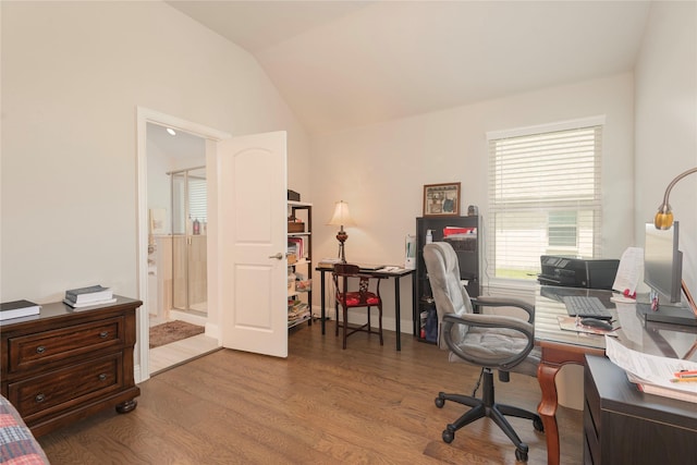 873 Mildren Ln, Fate, TX 75087 - home office featuring wood finished floors and lofted ceiling