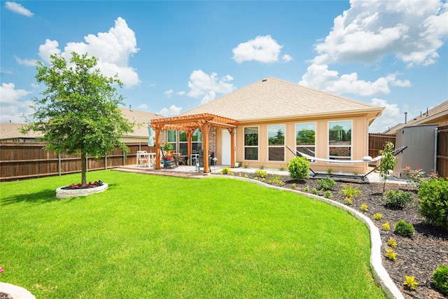 873 Mildren Ln, Fate, TX 75087 - back of house with a pergola, a fenced backyard, a patio, and a shingled roof