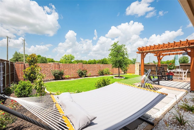 873 Mildren Ln, Fate, TX 75087 - fenced backyard with a pergola, a patio, and outdoor dining space