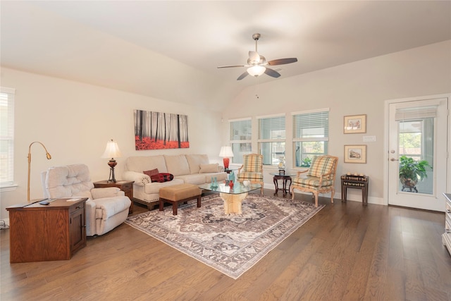 873 Mildren Ln, Fate, TX 75087 - living area with a ceiling fan, wood finished floors, and lofted ceiling