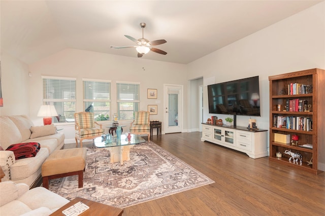 873 Mildren Ln, Fate, TX 75087 - living area with ceiling fan, dark wood-style floors, and vaulted ceiling