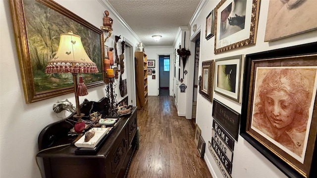 1705 14th St, Brownwood, TX 76801 - hallway featuring a textured ceiling, ornamental molding, and wood finished floors